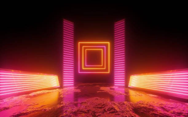 istock 3d render, red pink neon abstract background, square shapes in ultraviolet light, futuristic power generating technology, glowing panels, terrain 1170778238