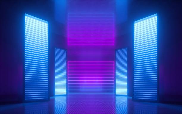 istock 3d render, blue pink violet neon abstract background, ultraviolet light, night club empty room interior, tunnel or corridor, glowing panels, fashion podium, performance stage decorations, 1170778300