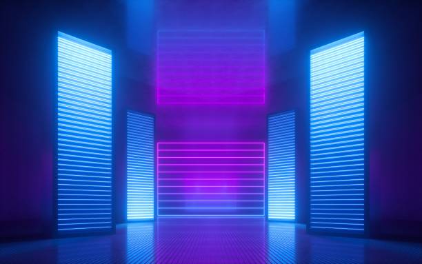 render 3d, niebieski różowy fioletowy neon abstrakcyjne tło, światło ultrafioletowe, klub nocny puste wnętrze pokoju, tunel lub korytarz, świecące panele, podium mody, dekoracje sceniczne performance, - led panel zdjęcia i obrazy z banku zdjęć