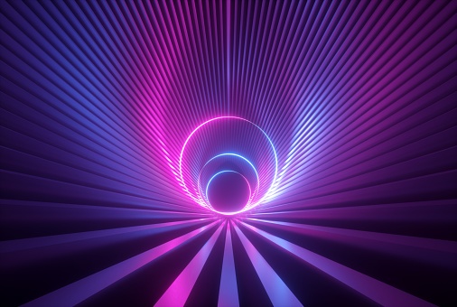 3d render, pink violet neon abstract background with glowing ring shape, ultraviolet light, laser show performance stage with reflections, round blank frame