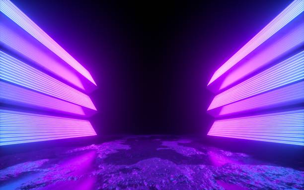 3d render, bright pink violet neon abstract background, glowing panels in ultraviolet light, futuristic power generating technology