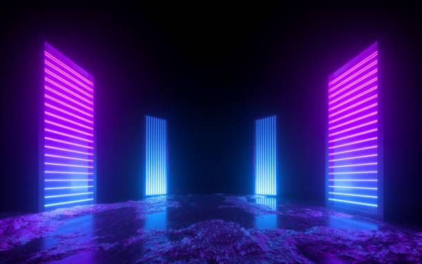 istock 3d render, pink blue neon abstract background, glowing vertical panels in ultraviolet light, futuristic power generating technology, terrain 1170778358
