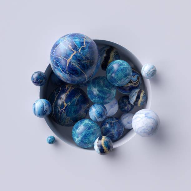 3d abstract background, assorted blue marble balls inside round white niche - bead glass jewelry stone imagens e fotografias de stock