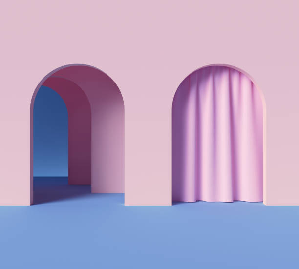 istock 3d render, abstract minimalist geometric background, architectural concept, arch inside yellow wall, pink curtain, paper layers 1170778508