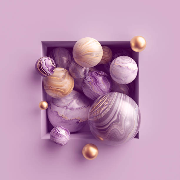 3d abstract background, assorted pink gold marble balls inside square niche