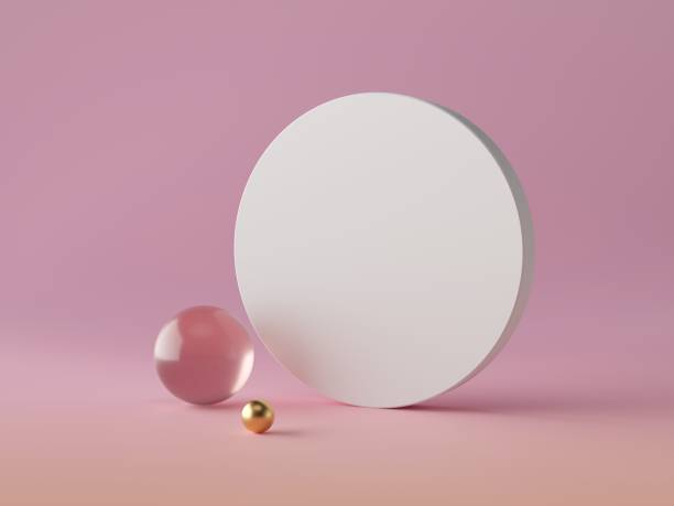 3d abstract modern minimal background, white round canvas isolated on pink, crystal glass ball, golden sphere, geometric decor, fashion minimalistic scene, simple clean design, blank feminine mockup