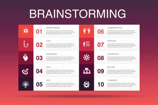 ilustrações, clipart, desenhos animados e ícones de brainstorming infographic modelo de opção 10. imaginação, idéia, oportunidade, trabalhos de equipa ícones simples - vector brain www ideas