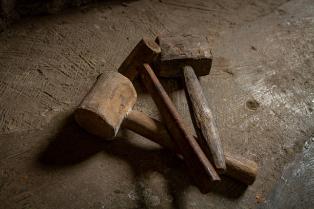 A set of DIY traditional wooden hammers stock photo