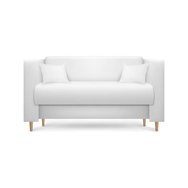 vektor 3d realistische render weiß leder luxus büro sofa, couch mit kissen in einfachen modernen stil für interior design, wohnzimmer, rezeption oder lounge. nahaufnahme isoliert auf weißem hintergrund - sofa stock-grafiken, -clipart, -cartoons und -symbole