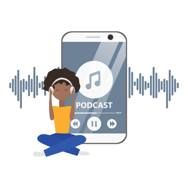 vector flat koncepcja podcast z dziewczyną i telefonem - teaching music learning sign stock illustrations