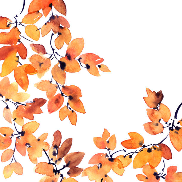 istock Watercolor and ink painted tree branch with leaves 1170789879