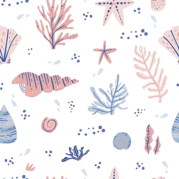 シームレスなパターンを描いた海藻や貝殻 - w2点のイラスト素材／クリップアート素材／マンガ素材／アイコン素材