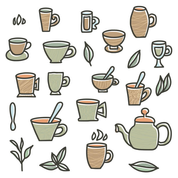 ilustrações de stock, clip art, desenhos animados e ícones de tea set. cups and teapots. vector illustration. - hot chocolate cup chai heat