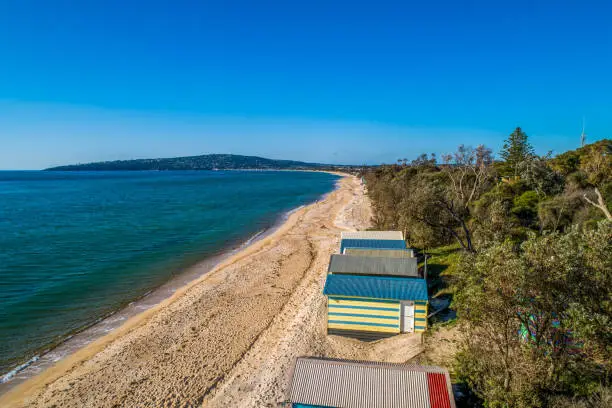 Aerial view of colorful beach huts and scenic coastline in Melbourne, Australia