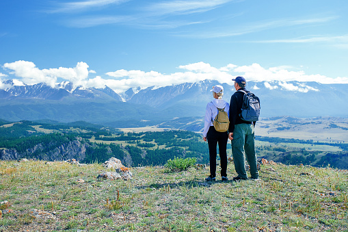 Travel happy emotions Lifestyle concept. Senior Couple Hiking.
