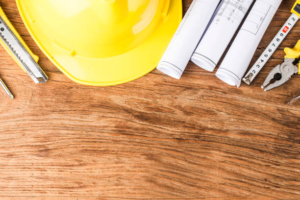 istock Construction planning with construction drawings and accessories 1170807711