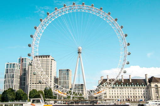 August 19, 2019 – River Thames, London, United Kingdom. The London Eye one of the most famous landmarks in London sits alongside the River Thames.