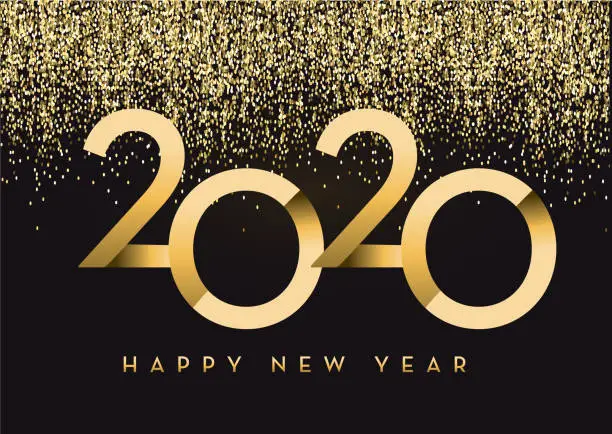 Vector illustration of Happy New Year 2020 greeting card banner design in gold and glitter with text