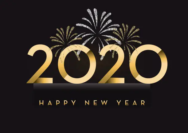 Vector illustration of Happy New Year 2020 greeting card banner design in gold and glitter with text