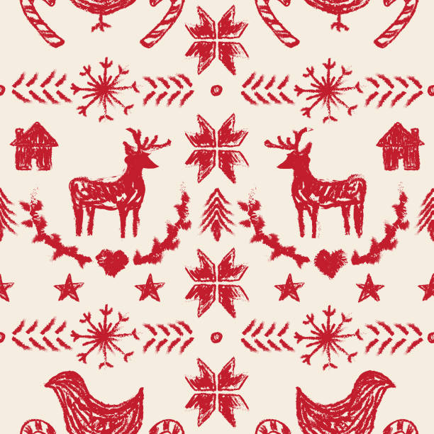 A seamless winter or Christmas pattern in the style of a nordic knit sweater. Non-denominational print, great for any winter holiday. Global colors, easy to change swatches.
