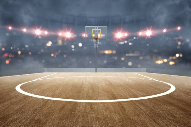 basketballplatz mit holzboden und scheinwerfern - court building stock-fotos und bilder