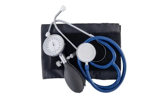 Photo of stethoscope and sphygmomanometer isolated on white background