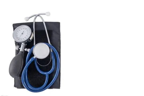 Photo of stethoscope and sphygmomanometer isolated on white background