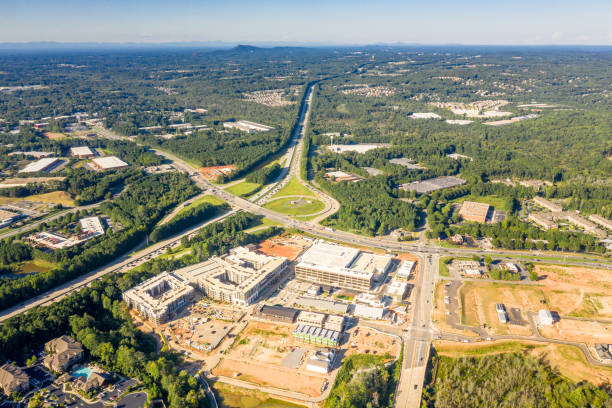 Aerial view new Mall construction in Atlanta suburbs next to highway stock photo