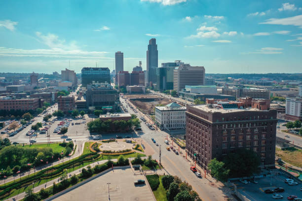 Aerial view of downtown Omaha Nebraska during the summer, USA Aerial view of downtown Omaha Nebraska during the summer, USA nebraska stock pictures, royalty-free photos & images