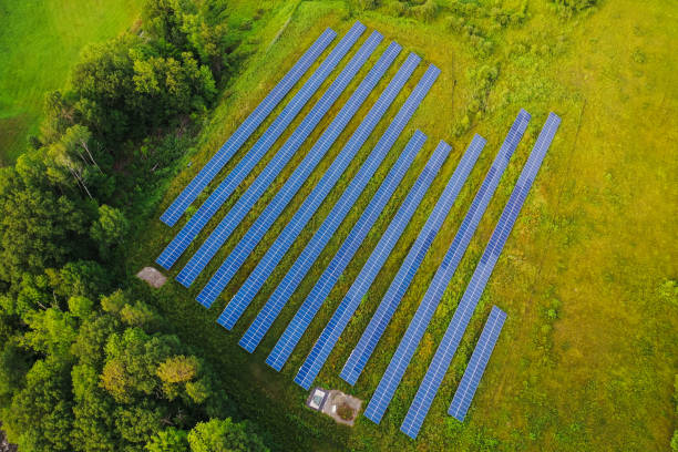 istock Aerial view of solar panels in field 1170817569