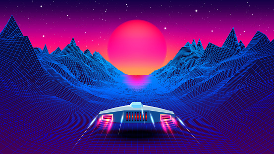 Arcade space ship flying to the sun in blue corridor or canyon landscape with 3D mountains, 80s style synthwave or retrowave illustration