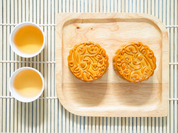 istock Mooncakes on a wooden plate with cups of tea 1170820691