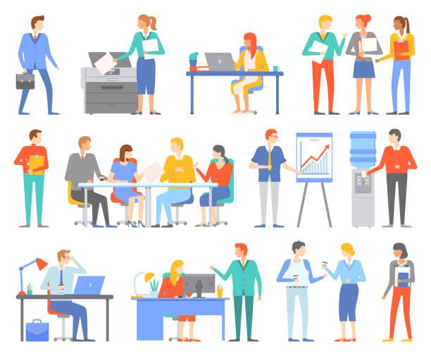 Business People Males and Females Working Vector Business people, males and females working in office vector. Woman copying papers for boss, man taking water. Presenter and whiteboard with chart copying illustrations stock illustrations