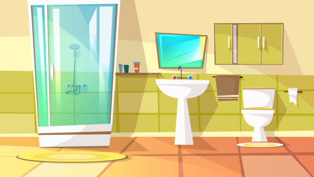stockillustraties, clipart, cartoons en iconen met badkamer met kraam douche vector illustratie - hotel shampoo