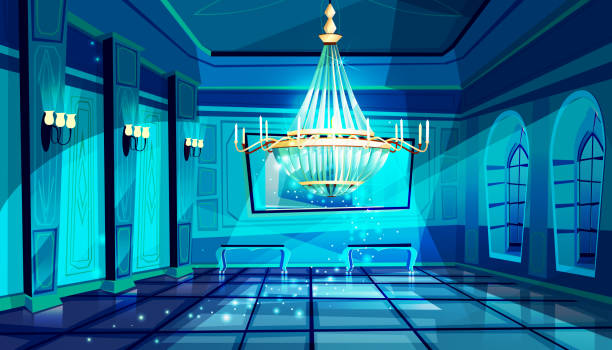 ballsaal nachthalle vektor-illustration - domestic room palace chandelier nobility stock-grafiken, -clipart, -cartoons und -symbole