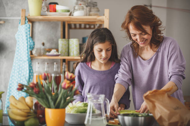 Mother and daughter packing a lunch box in the kitchen