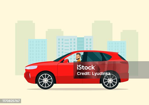 istock CUV car with a driver man on a background of abstract cityscape. Vector flat style illustration. 1170825767