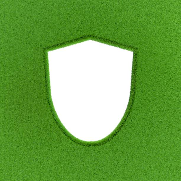Hole in grass in form of shield.On white background.3D rendering illustration.
