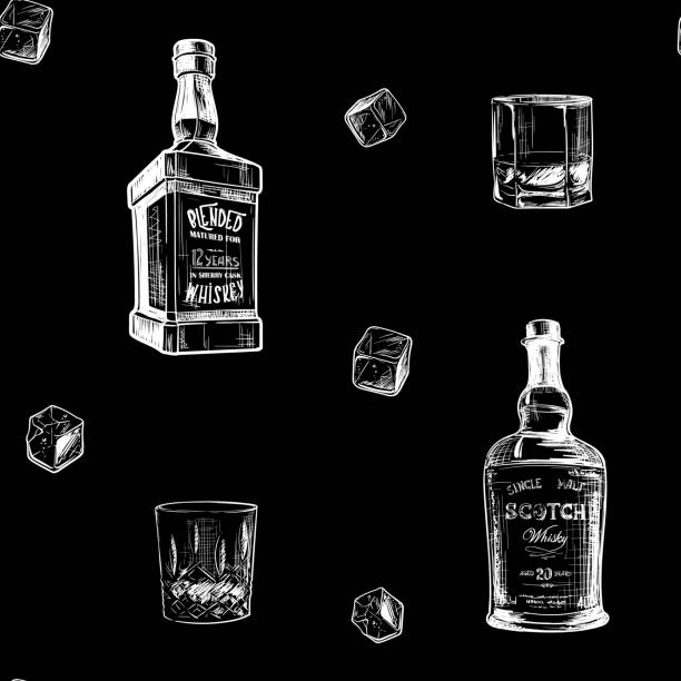 składniki na najlepszy smak whisky. butelki, klasy i kostki lodu. bezszwowy wzór. - whisky glass ice cube alcohol stock illustrations