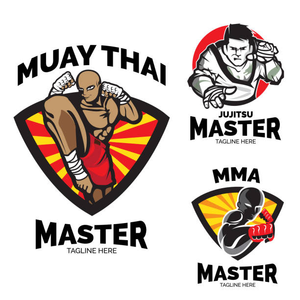 ilustrações de stock, clip art, desenhos animados e ícones de martial art master symbol. emblem or badge clip art - karate kickboxing martial arts silhouette