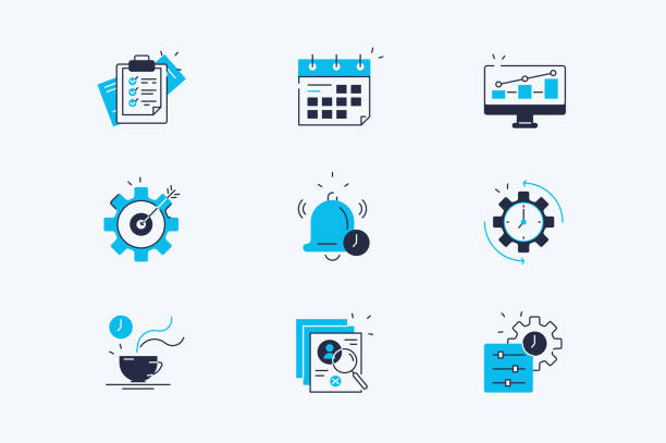 Productivity line icons set Productivity line icons set vector illustration. Collection consist of work planning, target, efficiency growth, time management and personal tracking tools flat concept. Isolated on white flat calendar icon stock illustrations