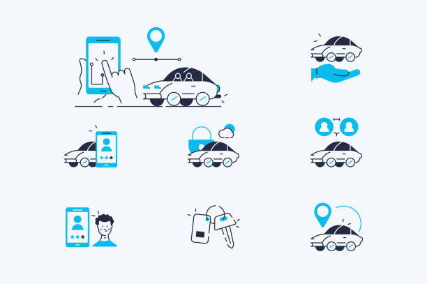 Carsharing icons set Carsharing icons set flat vector illustration. Collection consists of online app symbols for car rent such as key, blocked auto, pointer, available, searching of vehicle, feedback. Isolated on white car key illustrations stock illustrations