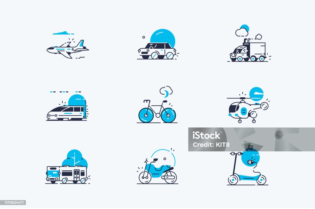 Transport line icons set Transport line icons set vector illustration. Collection consists of airplane, car, truck, train, bicycle, bus and electric scooter flat style concept. Isolated on white Car stock vector