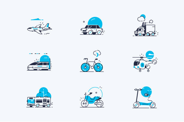 Transport line icons set Transport line icons set vector illustration. Collection consists of airplane, car, truck, train, bicycle, bus and electric scooter flat style concept. Isolated on white traffic illustrations stock illustrations