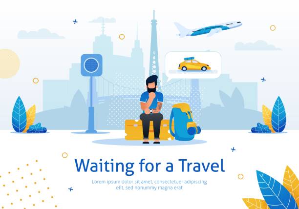 Waiting for Travel Flat Vector Promotion Banner Waiting for Travel, Navigation, Voyage Planning, Tickets Booking Online Service Trendy Flat Vector Advertising Banner, Promo Poster. Pensive Man Sitting on Baggage While Waiting Taxi Illustration charter stock illustrations