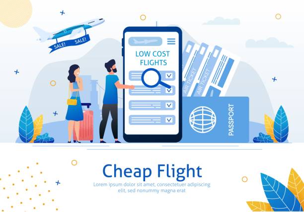 Cheap Flights Flat Vector Advertising Banner Cheap Flights, Airline Sale Search Mobile App, Airplane Tickets Booking Service Trendy Flat Vector Ad Banner, Poster. Couple with Baggage Searching Low Cost Flights on Cellphone Screen Illustration charter document stock illustrations