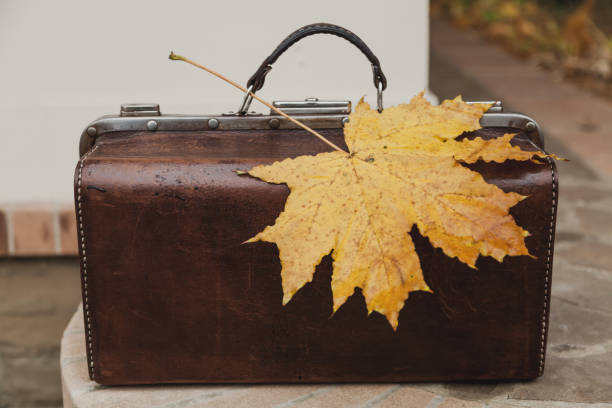 istock Leather bag is on brick fence 1170837190