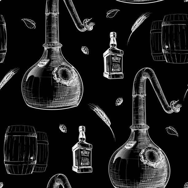 ilustraciones, imágenes clip art, dibujos animados e iconos de stock de proceso de elaboración de whisky de grano a botella. patrón sin costuras. - alambique