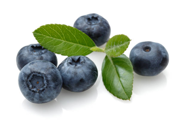 istock Fresh blueberries with leaves isolated on white 1170840328