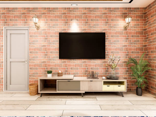 televisores y armarios de tv en modernas salas de estar de estilo industrial - home decorating living room luxury fireplace fotografías e imágenes de stock